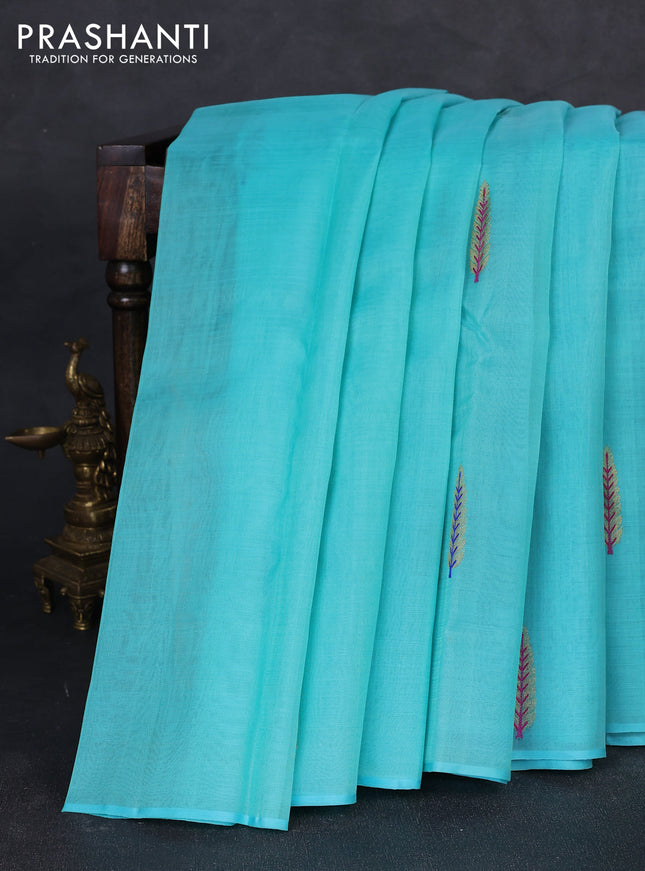 Kora kanchipuram silk saree teal blue and royal blue with thread & zari woven buttas in borderless style