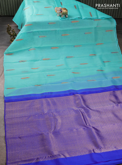 Kora kanchipuram silk saree teal blue and royal blue with thread & zari woven buttas in borderless style