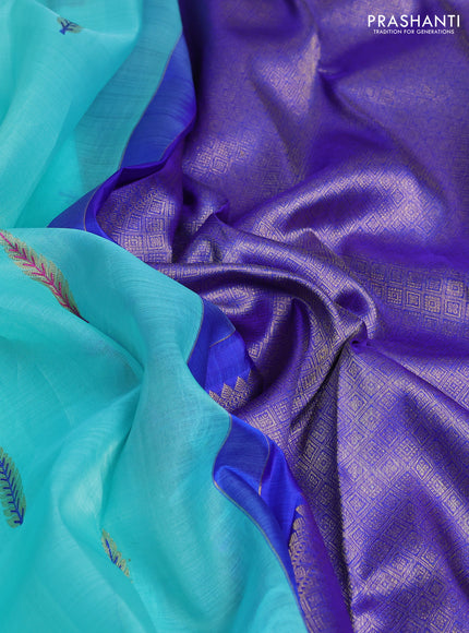 Kora kanchipuram silk saree teal blue and royal blue with thread & zari woven buttas in borderless style