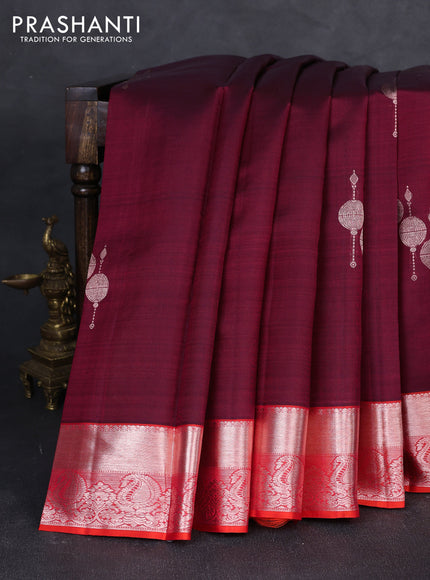 Kora kanchipuram silk saree deep maroon and orange with zari woven buttas and zari woven rich border