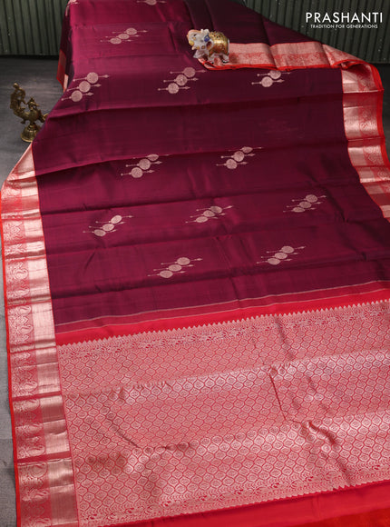 Kora kanchipuram silk saree deep maroon and orange with zari woven buttas and zari woven rich border