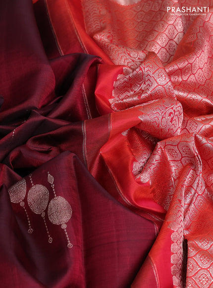 Kora kanchipuram silk saree deep maroon and orange with zari woven buttas and zari woven rich border