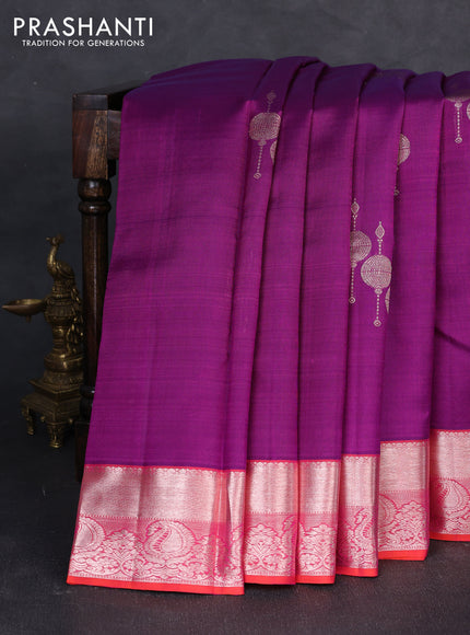 Kora kanchipuram silk saree purple and orange with zari woven buttas and zari woven rich border