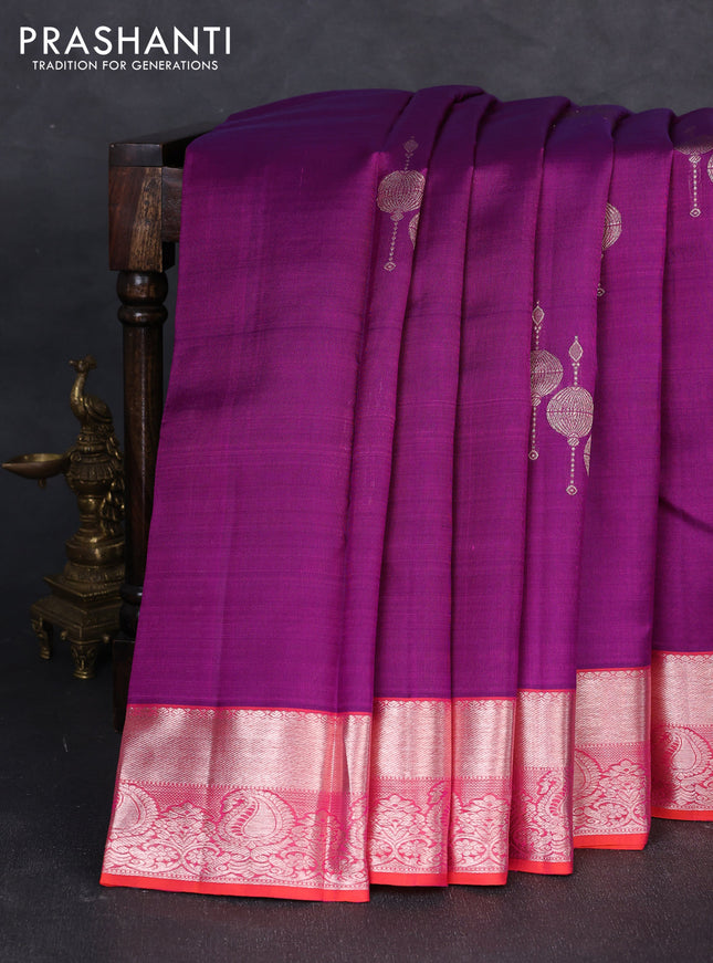 Kora kanchipuram silk saree purple and orange with zari woven buttas and zari woven rich border