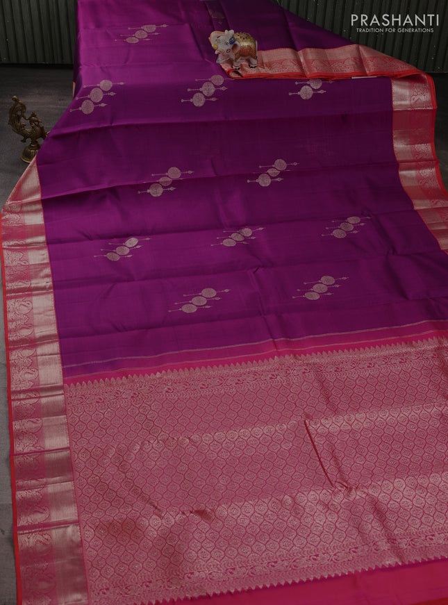 Kora kanchipuram silk saree purple and orange with zari woven buttas and zari woven rich border