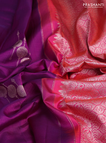 Kora kanchipuram silk saree purple and orange with zari woven buttas and zari woven rich border