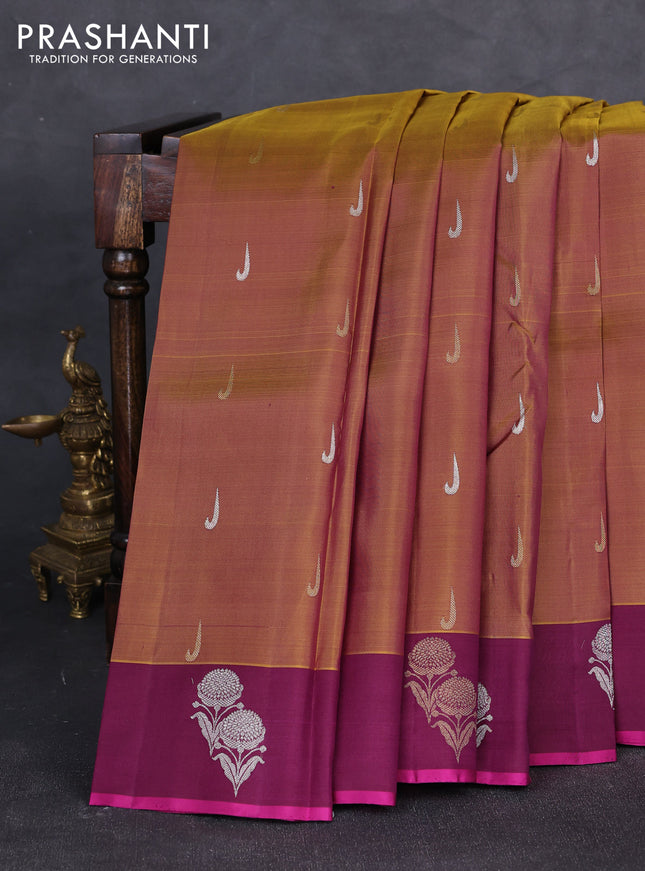 Kora kanchipuram silk saree mehendi green and magenta pink with silver & gold zari muniya buttas and zari woven floral butta border