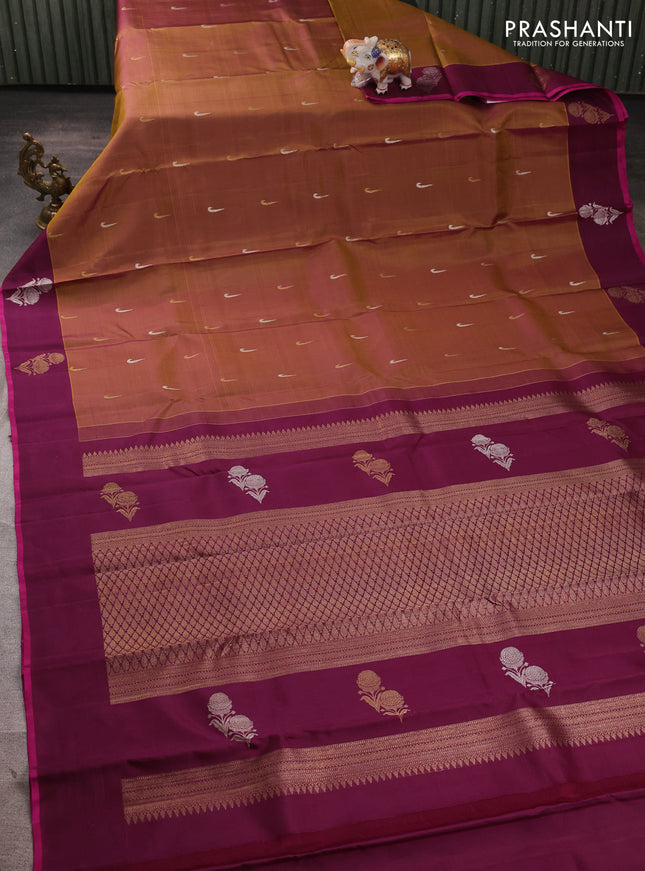 Kora kanchipuram silk saree mehendi green and magenta pink with silver & gold zari muniya buttas and zari woven floral butta border