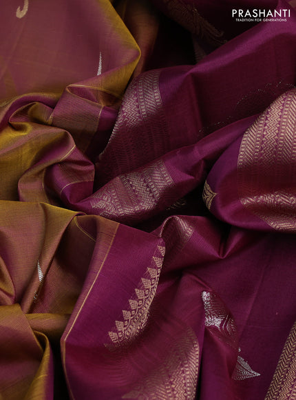 Kora kanchipuram silk saree mehendi green and magenta pink with silver & gold zari muniya buttas and zari woven floral butta border
