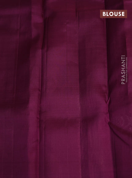 Kora kanchipuram silk saree mehendi green and magenta pink with silver & gold zari muniya buttas and zari woven floral butta border
