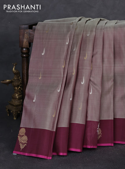 Kora kanchipuram silk saree dual shade of grey and wine shade with silver & gold zari muniya buttas and zari woven floral butta border