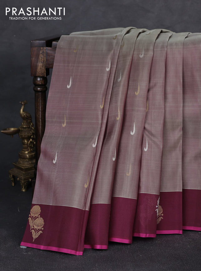 Kora kanchipuram silk saree dual shade of grey and wine shade with silver & gold zari muniya buttas and zari woven floral butta border