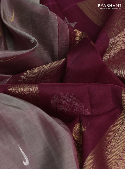 Kora kanchipuram silk saree dual shade of grey and wine shade with silver & gold zari muniya buttas and zari woven floral butta border
