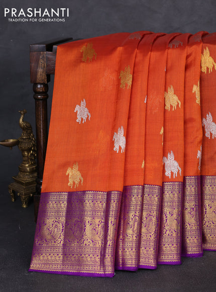 Kora kanchipuram silk saree rustic orange and purple with silver & gold zari woven buttas and rich zari woven annam border