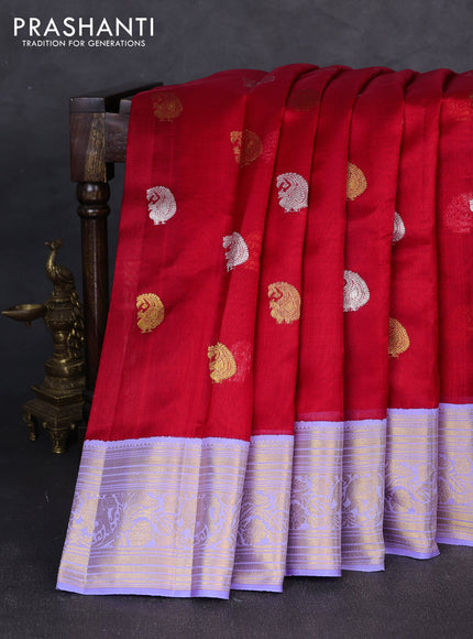 Kora kanchipuram silk saree red and lavender with silver & gold zari woven buttas and rich zari woven border