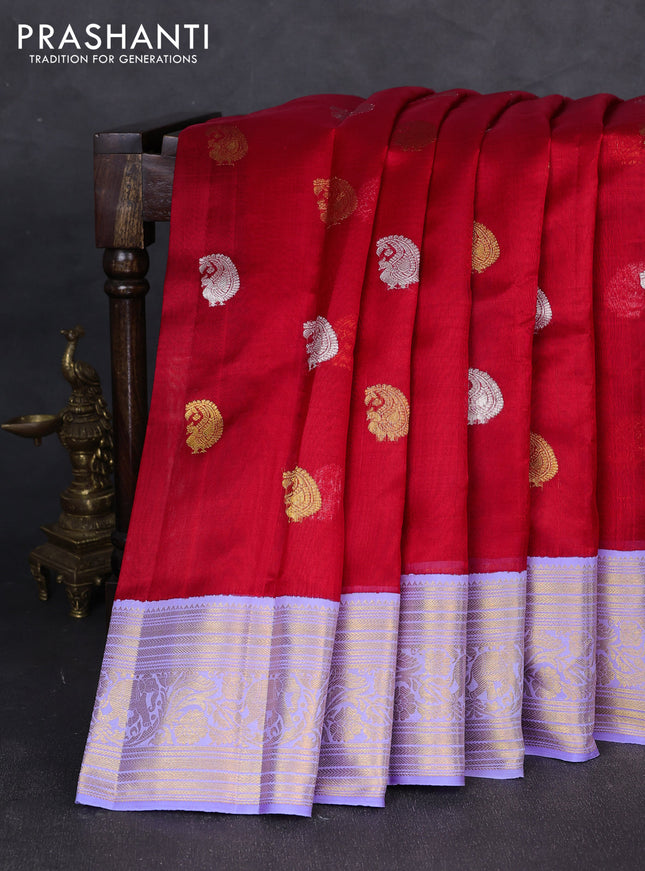 Kora kanchipuram silk saree red and lavender with silver & gold zari woven buttas and rich zari woven border