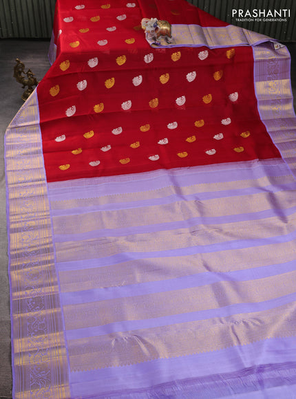 Kora kanchipuram silk saree red and lavender with silver & gold zari woven buttas and rich zari woven border