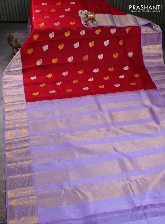 Kora kanchipuram silk saree red and lavender with silver & gold zari woven buttas and rich zari woven border