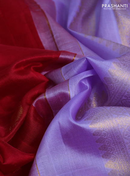 Kora kanchipuram silk saree red and lavender with silver & gold zari woven buttas and rich zari woven border