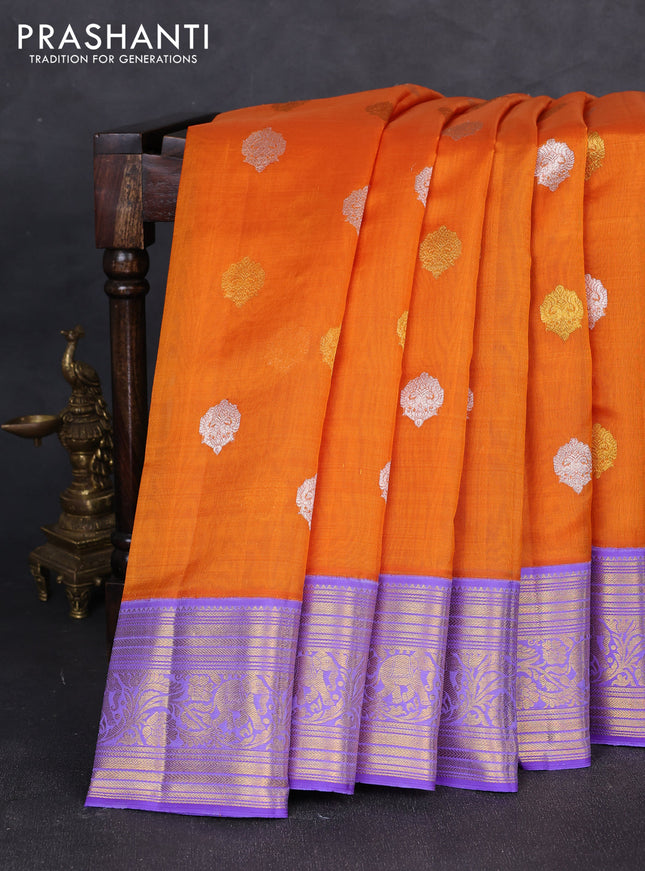 Kora kanchipuram silk saree orange and lavender with silver & gold zari woven buttas and rich zari woven border