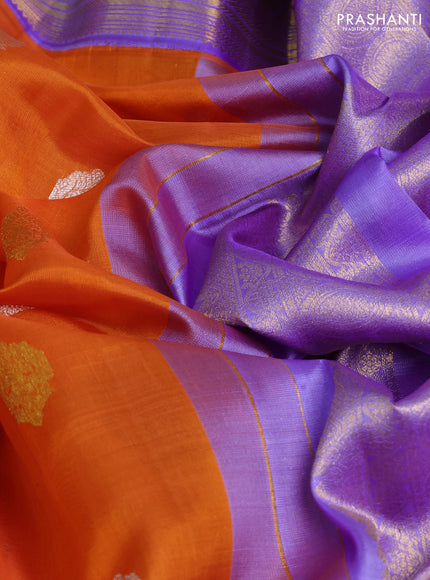 Kora kanchipuram silk saree orange and lavender with silver & gold zari woven buttas and rich zari woven border