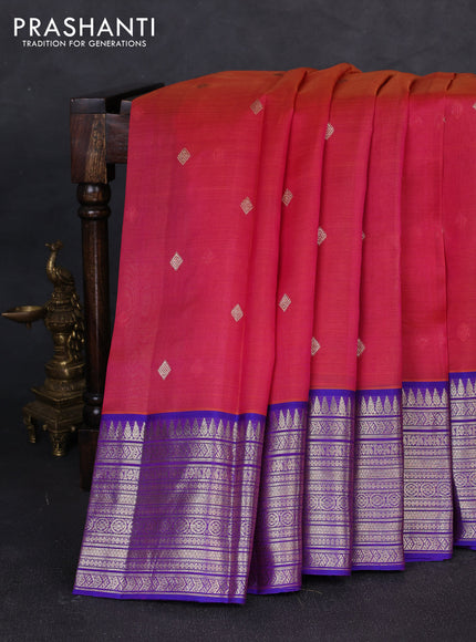 Kora kanchipuram silk saree dual shade of pink and purple with zari woven buttas and rich zari woven border