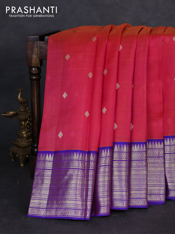 Kora kanchipuram silk saree dual shade of pink and purple with zari woven buttas and rich zari woven border