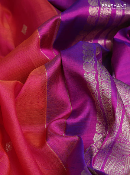 Kora kanchipuram silk saree dual shade of pink and purple with zari woven buttas and rich zari woven border