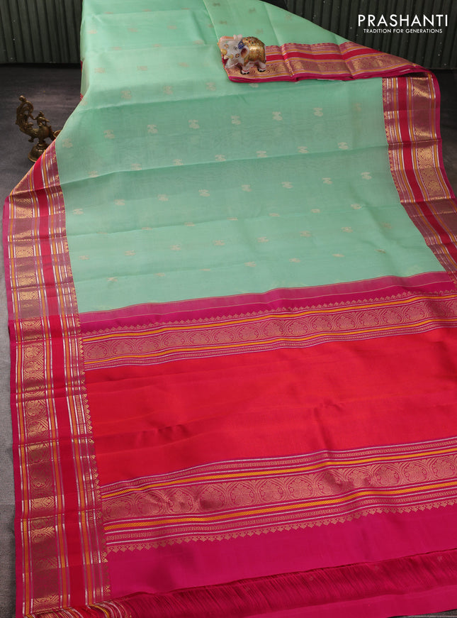 Kora kanchipuram silk saree pista green and pink with zari woven buttas and rich zari woven border