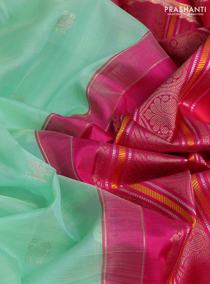 Kora kanchipuram silk saree pista green and pink with zari woven buttas and rich zari woven border