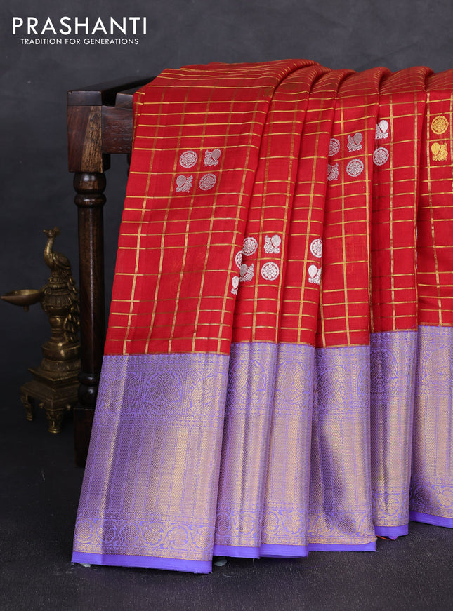 Kora kanchipuram silk saree red and lavender with allover zari checks & buttas and long zari woven border