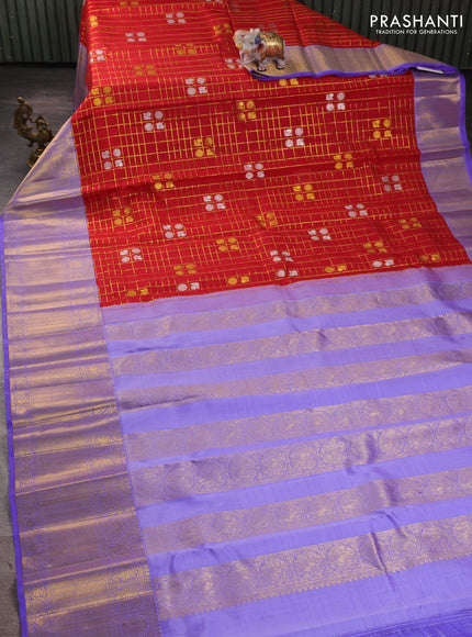 Kora kanchipuram silk saree red and lavender with allover zari checks & buttas and long zari woven border