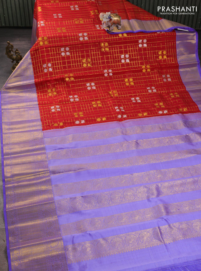 Kora kanchipuram silk saree red and lavender with allover zari checks & buttas and long zari woven border