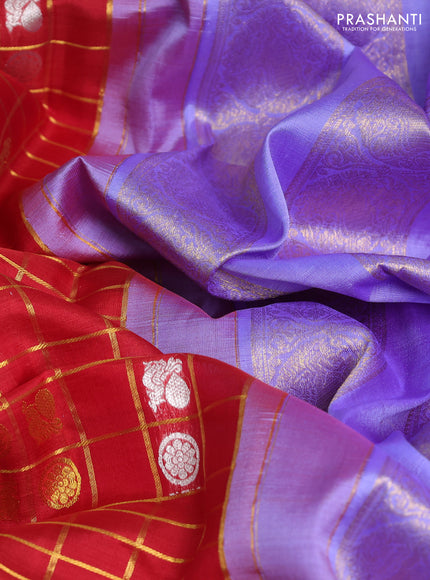 Kora kanchipuram silk saree red and lavender with allover zari checks & buttas and long zari woven border