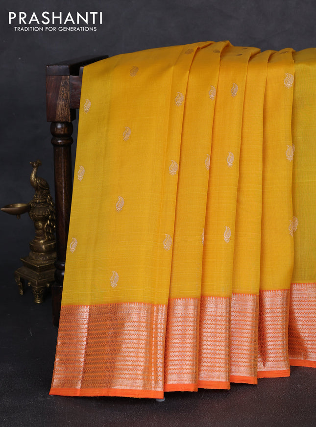 Kora kanchipuram silk saree yellow and orange with zari woven buttas and rich zari woven border