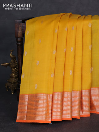 Kora kanchipuram silk saree yellow and orange with zari woven buttas and rich zari woven border