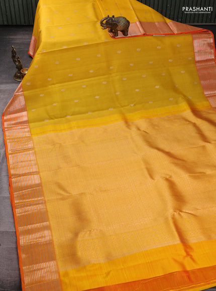 Kora kanchipuram silk saree yellow and orange with zari woven buttas and rich zari woven border