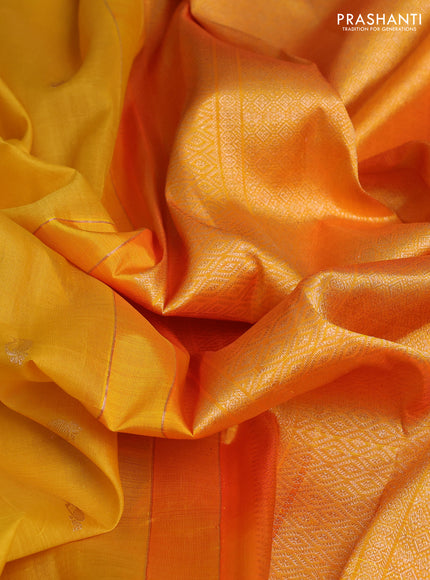 Kora kanchipuram silk saree yellow and orange with zari woven buttas and rich zari woven border