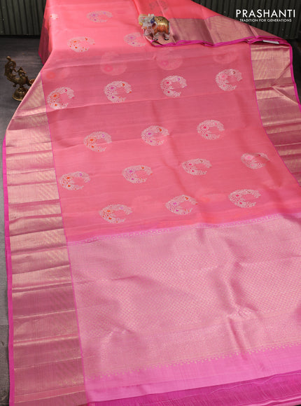 Kora kanchipuram silk saree peach pink and pink with silver zari woven buttas and rich zari woven border