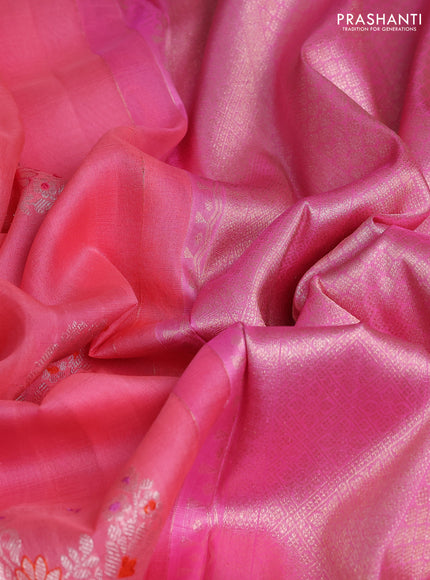 Kora kanchipuram silk saree peach pink and pink with silver zari woven buttas and rich zari woven border