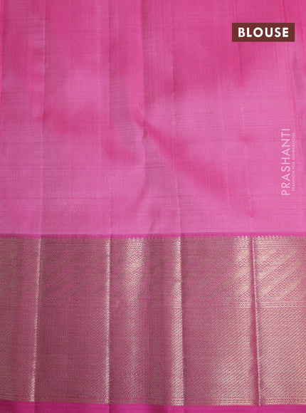 Kora kanchipuram silk saree peach pink and pink with silver zari woven buttas and rich zari woven border