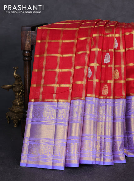 Kora kanchipuram silk saree red and lavender with allover zari checks & buttas and long zari woven border