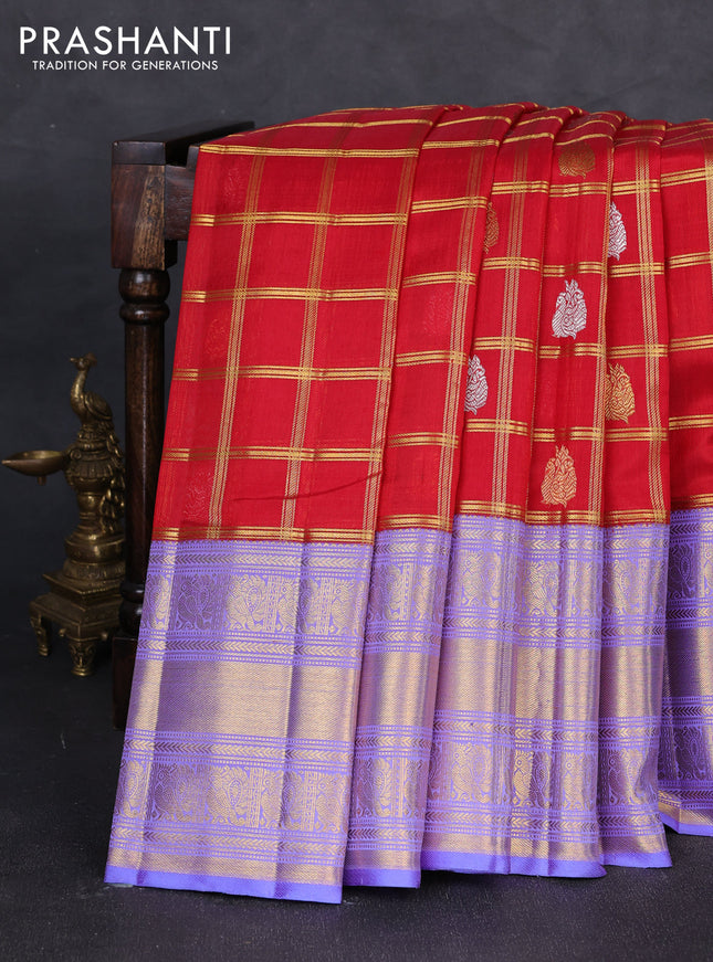 Kora kanchipuram silk saree red and lavender with allover zari checks & buttas and long zari woven border