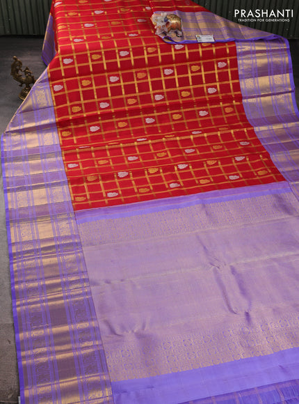 Kora kanchipuram silk saree red and lavender with allover zari checks & buttas and long zari woven border