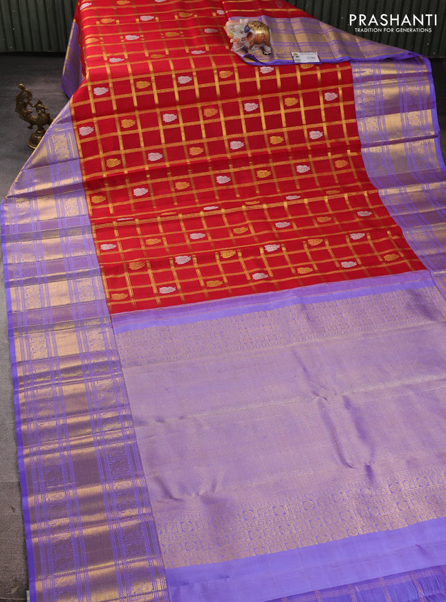 Kora kanchipuram silk saree red and lavender with allover zari checks & buttas and long zari woven border