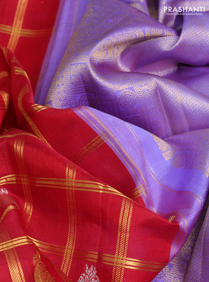 Kora kanchipuram silk saree red and lavender with allover zari checks & buttas and long zari woven border