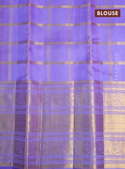 Kora kanchipuram silk saree red and lavender with allover zari checks & buttas and long zari woven border