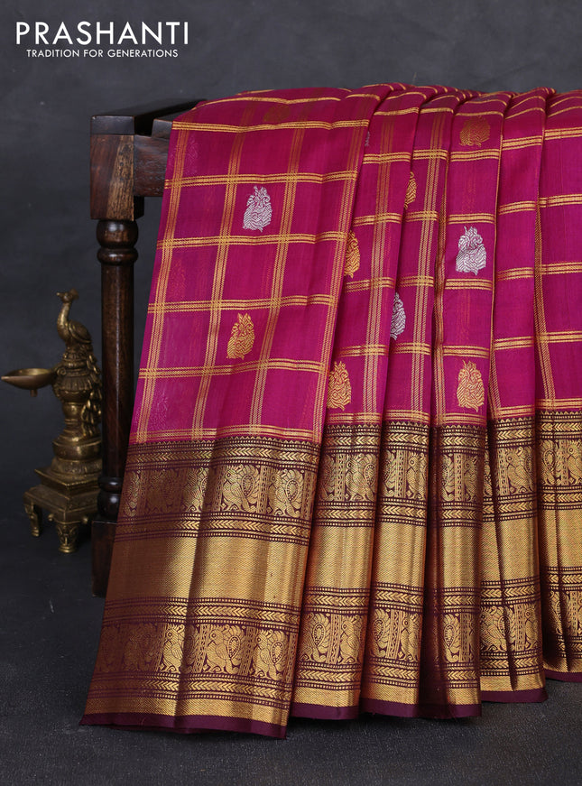 Kora kanchipuram silk saree magenta pink and coffee brown with allover zari checks & buttas and long zari woven border