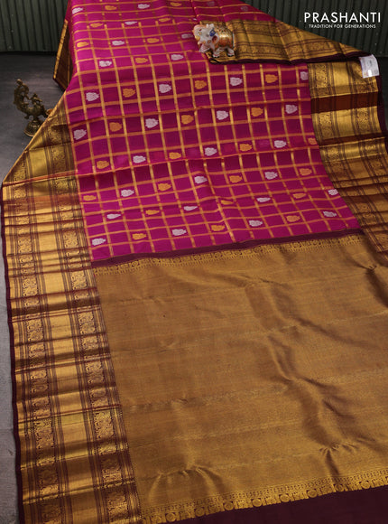 Kora kanchipuram silk saree magenta pink and coffee brown with allover zari checks & buttas and long zari woven border