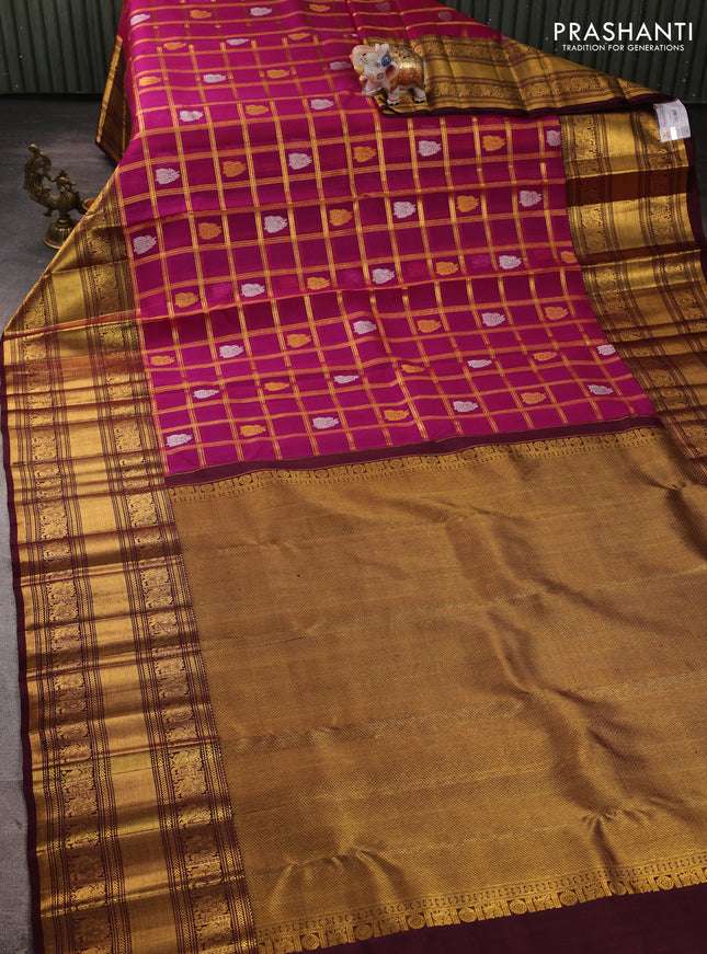 Kora kanchipuram silk saree magenta pink and coffee brown with allover zari checks & buttas and long zari woven border